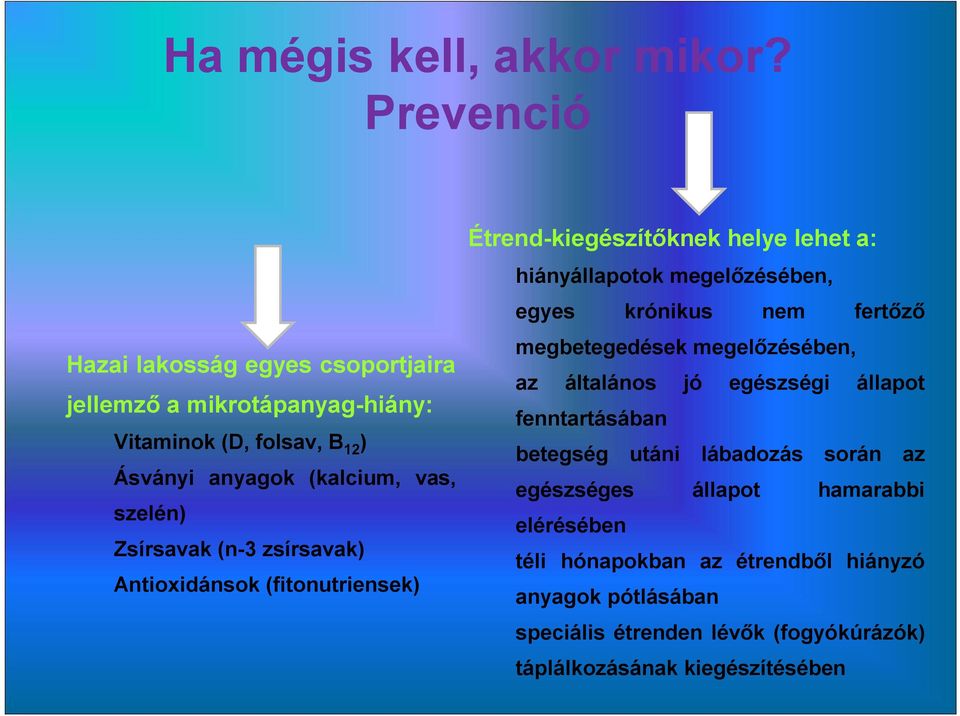 Zsírsavak (n-3 zsírsavak) Antioxidánsok (fitonutriensek) Étrend-kiegészítőknek helye lehet a: hiányállapotok megelőzésében, egyes krónikus nem fertőző