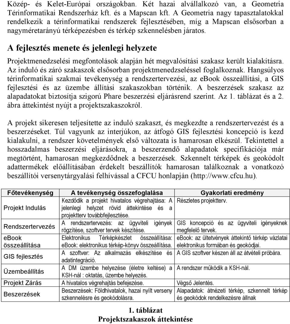 A fejlesztés menete és jelenlegi helyzete Projektmenedzselési megfontolások alapján hét megvalósítási szakasz került kialakításra.