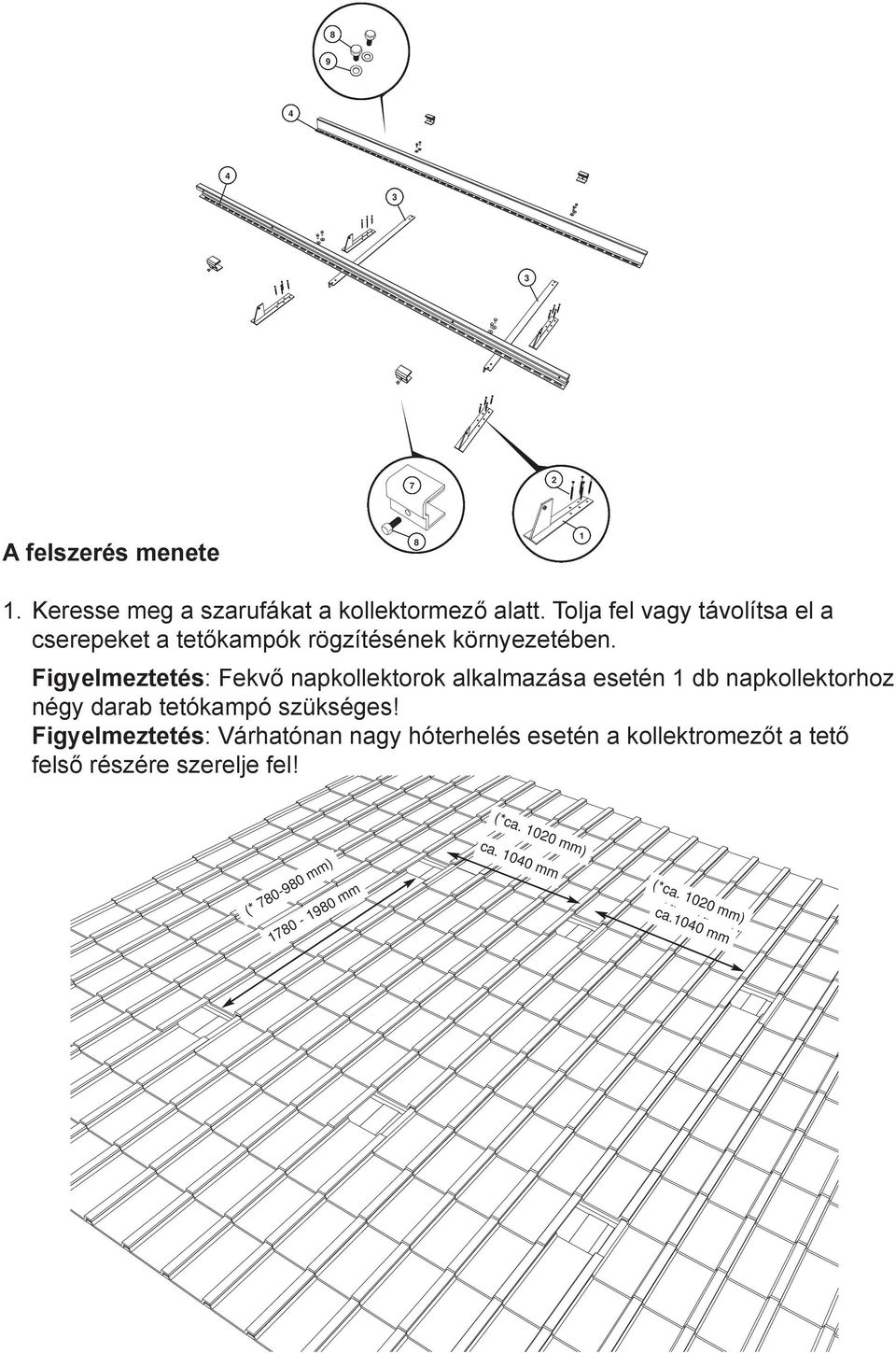 Figyelmeztetés: Fekvő napkollektorok alkalmazása esetén 1 db napkollektorhoz négy darab tetókampó szükséges!