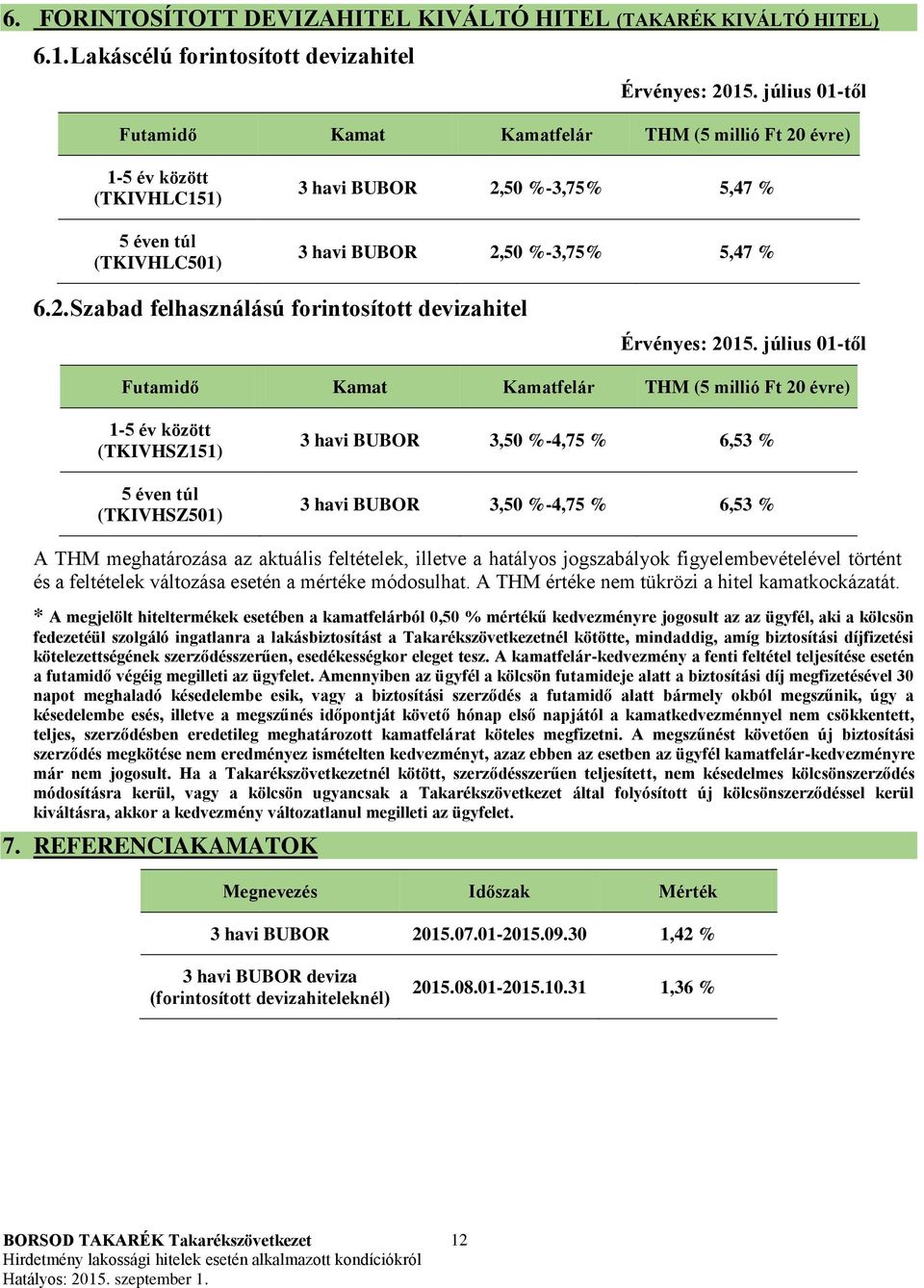 július 01-től Kamat Kamatfelár THM (5 millió Ft 20 évre) 1-5 év között (TKIVHSZ151) 5 éven túl (TKIVHSZ501) 3 havi BUBOR 3,50 %-4,75 % 6,53 % 3 havi BUBOR 3,50 %-4,75 % 6,53 % A THM meghatározása az