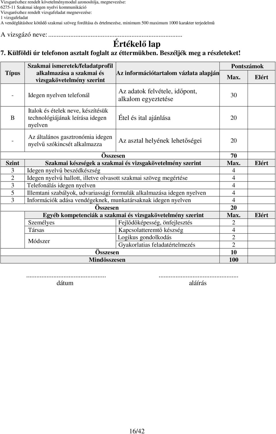 információtartalom vázlata alapján Az adatok felvétele, idıpont, alkalom egyeztetése Pontszámok Max.