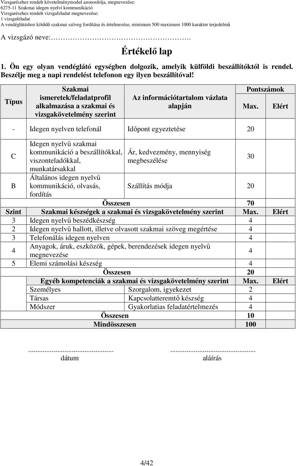 Elért Idegen nyelven telefonál Idıpont egyeztetése 20 C Idegen nyelvő szakmai kommunikáció a beszállítókkal, viszonteladókkal, munkatársakkal Általános idegen nyelvő kommunikáció, olvasás, fordítás