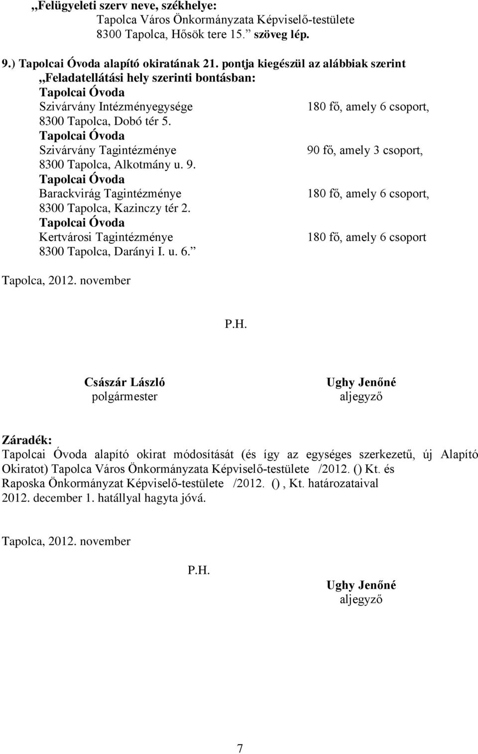 Szivárvány Tagintézménye 90 fő, amely 3 csoport, 8300 Tapolca, Alkotmány u. 9. Barackvirág Tagintézménye 180 fő, amely 6 csoport, 8300 Tapolca, Kazinczy tér 2.