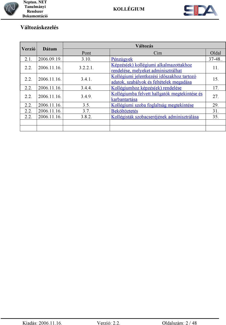 2.2. 2006.11.16. 3.4.9. Kollégiumba felvett hallgatók megtekintése és karbantartása 27. 2.2. 2006.11.16. 3.5. Kollégiumi szoba foglaltság megtekintése 29. 2.2. 2006.11.16. 3.7. Beköltöztetés 31.