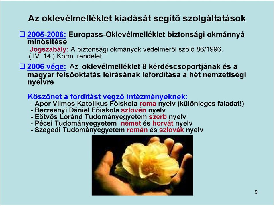 rendelet 2006 vége: Az oklevélmelléklet 8 kérdéscsoportjának és a magyar felsőoktatás leírásának lefordítása a hét nemzetiségi nyelvre Köszönet a fordítást