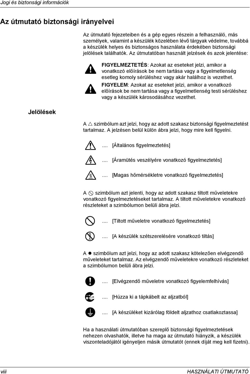 Az útmutatóban használt jelzések és azok jelentése: FIGYELMEZTETÉS: Azokat az eseteket jelzi, amikor a vonatkozó előírások be nem tartása vagy a figyelmetlenség esetleg komoly sérüléshez vagy akár