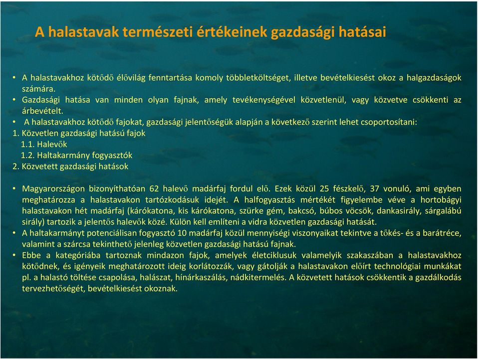 A halastavakhoz kötődő fajokat, gazdasági jelentőségük alapján a következő szerint lehet csoportosítani: 1. Közvetlen gazdasági hatású fajok 1.1. Halevők 1.2. Haltakarmány fogyasztók 2.