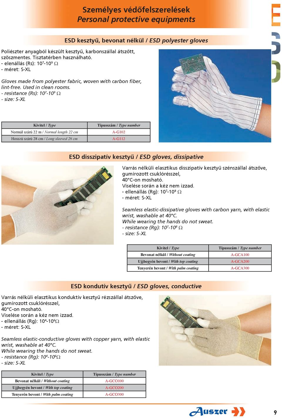 - resistance (Rs): 10 7-10 9 Ω - size: S-XL Kivitel / Type Normál szárú 22 m / Normal length 22 cm Hosszú szárú 28 cm / Long sleeved 28 cm Típusszám / Type number A-G102 A-G112 ESD disszipatív