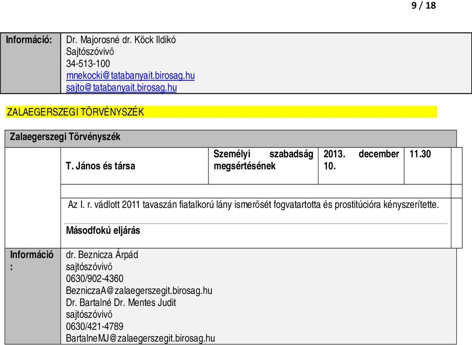 János és társa Személyi szabadság megsértésének 2013. december 10. 11.30 Az I. r.