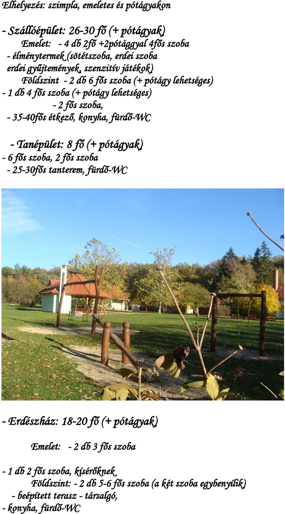 35-40fős étkező, konyha, fürdő-wc - Tanépület: 8 fő (+ pótágyak) - 6 fős szoba, 2 fős szoba - 25-30fős tanterem, fürdő-wc - Erdészház: 18-20 fő (+ pótágyak)