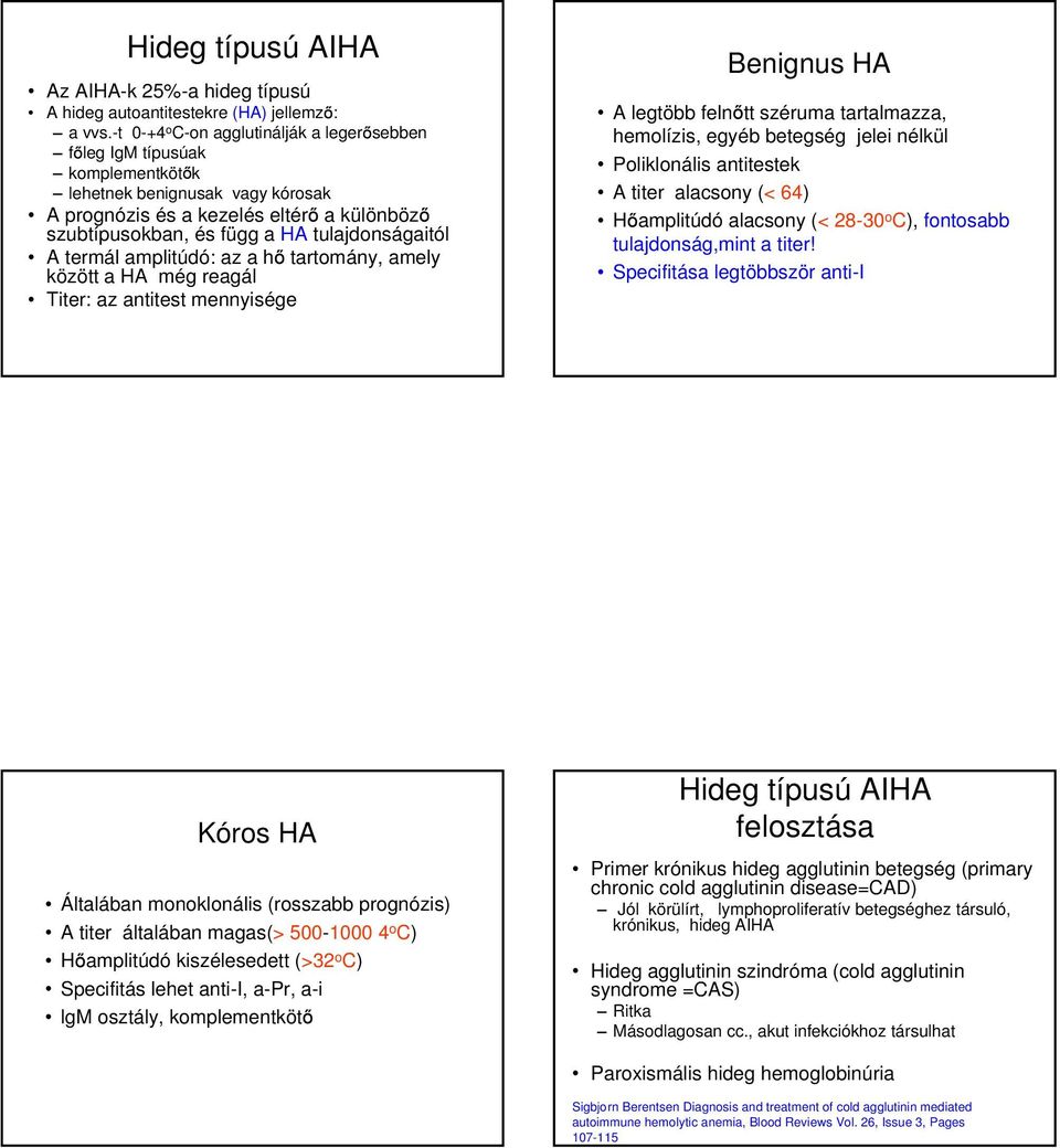 A termál amplitúdó: az a h tartomány, amely között a HA még reagál Titer: az antitest mennyisége Benignus HA A legtöbb feln tt széruma tartalmazza, hemolízis, egyéb betegség jelei nélkül Poliklonális