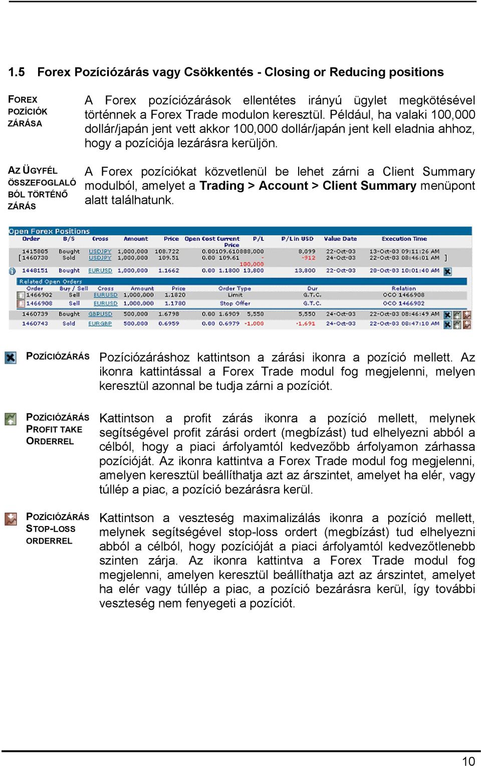 A Forex pozíciókat közvetlenül be lehet zárni a Client Summary modulból, amelyet a Trading > Account > Client Summary menüpont alatt találhatunk.