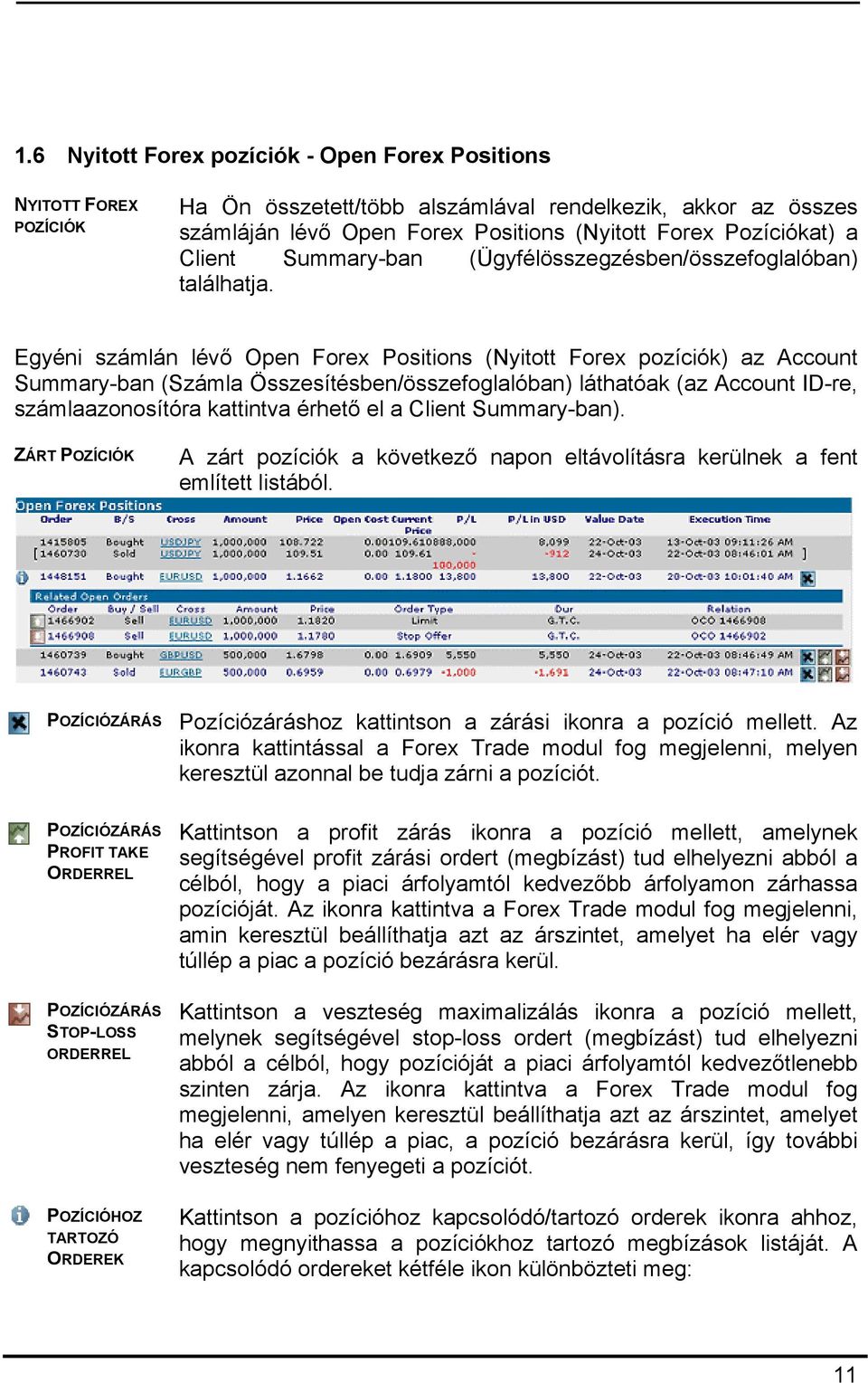 Egyéni számlán lévő Open Forex Positions (Nyitott Forex pozíciók) az Account Summary-ban (Számla Összesítésben/összefoglalóban) láthatóak (az Account ID-re, számlaazonosítóra kattintva érhető el a