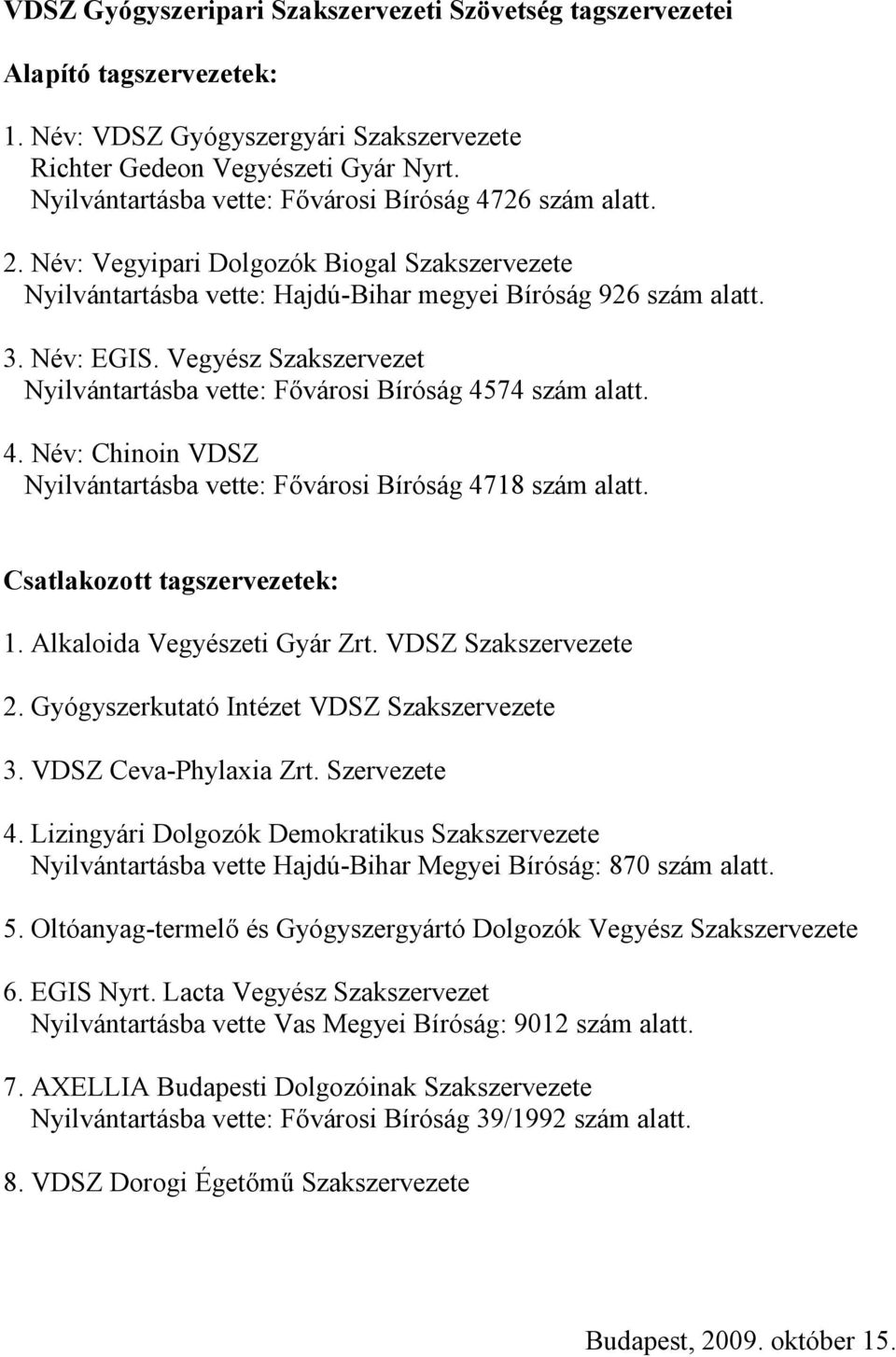 Vegyész Szakszervezet Nyilvántartásba vette: Fővárosi Bíróság 4574 szám alatt. 4. Név: Chinoin VDSZ Nyilvántartásba vette: Fővárosi Bíróság 4718 szám alatt. Csatlakozott tagszervezetek: 1.