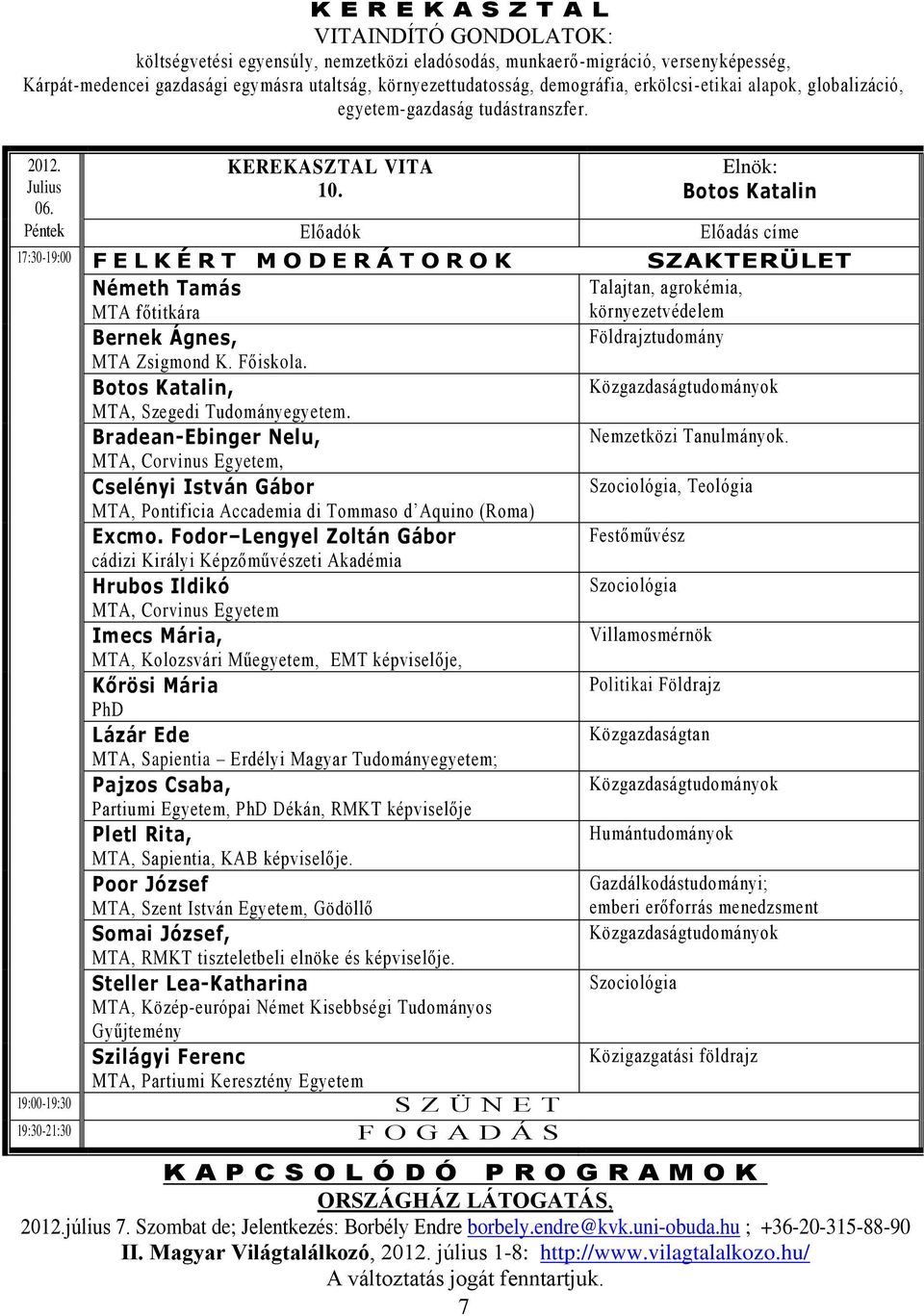 Elnök: Botos Katalin Előadók Előadás címe 17:30-19:00 F E L K É R T M O D E R Á T O R O K SZAKTERÜLET Németh Tamás Talajtan, agrokémia, MTA főtitkára Bernek Ágnes, MTA Zsigmond K. Főiskola.