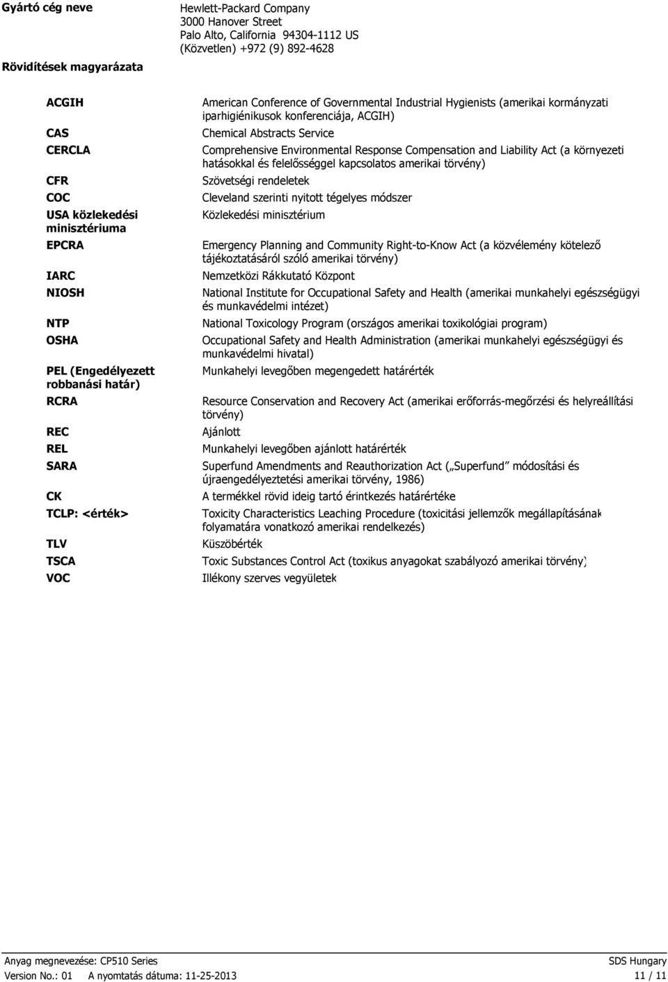 iparhigiénikusok konferenciája, ACGIH) Chemical Abstracts Service Comprehensive Environmental Response Compensation and Liability Act (a környezeti hatásokkal és felelősséggel kapcsolatos amerikai