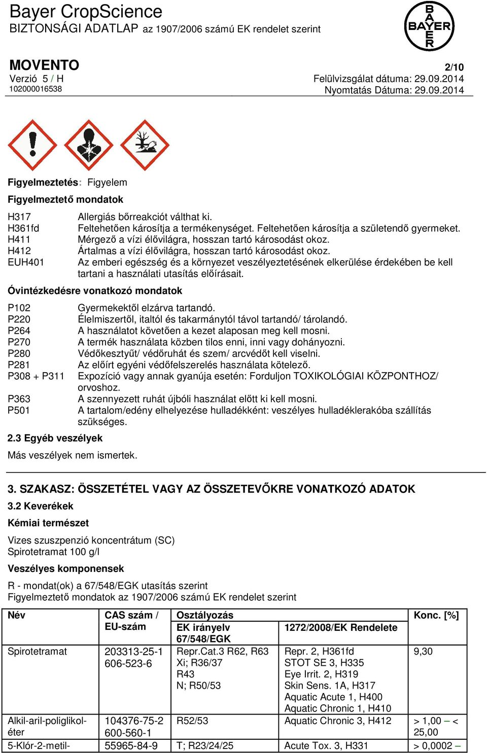 Az emberi egészség és a környezet veszélyeztetésének elkerülése érdekében be kell tartani a használati utasítás előírásait.