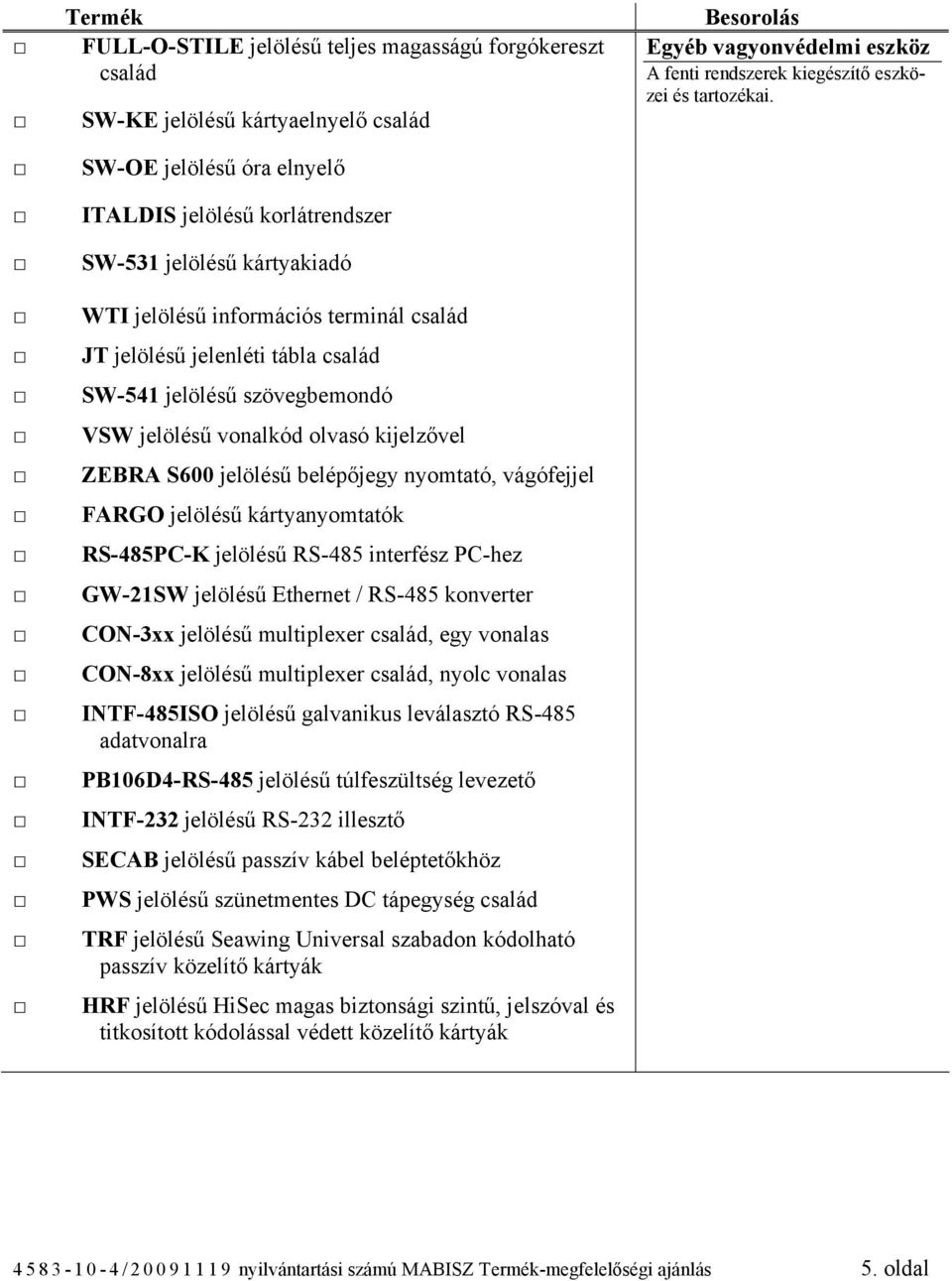 jelölésű kártyanyomtatók RS-485PC-K jelölésű RS-485 interfész PC-hez GW-21SW jelölésű Ethernet / RS-485 konverter CON-3xx jelölésű multiplexer család, egy vonalas CON-8xx jelölésű multiplexer család,