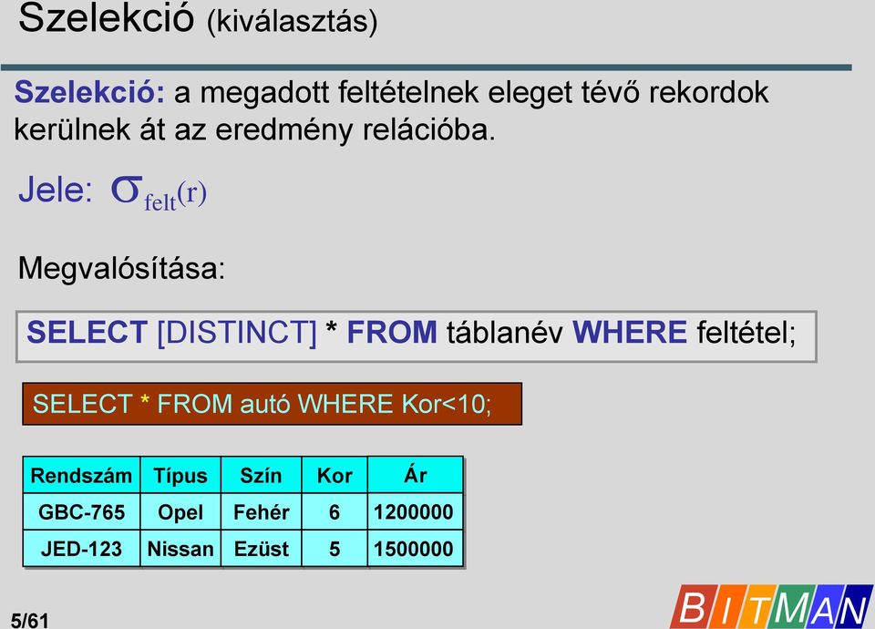 Jele: felt (r) Megvalósítása: SELECT [DISTINCT] * FROM táblanév WHERE feltétel;