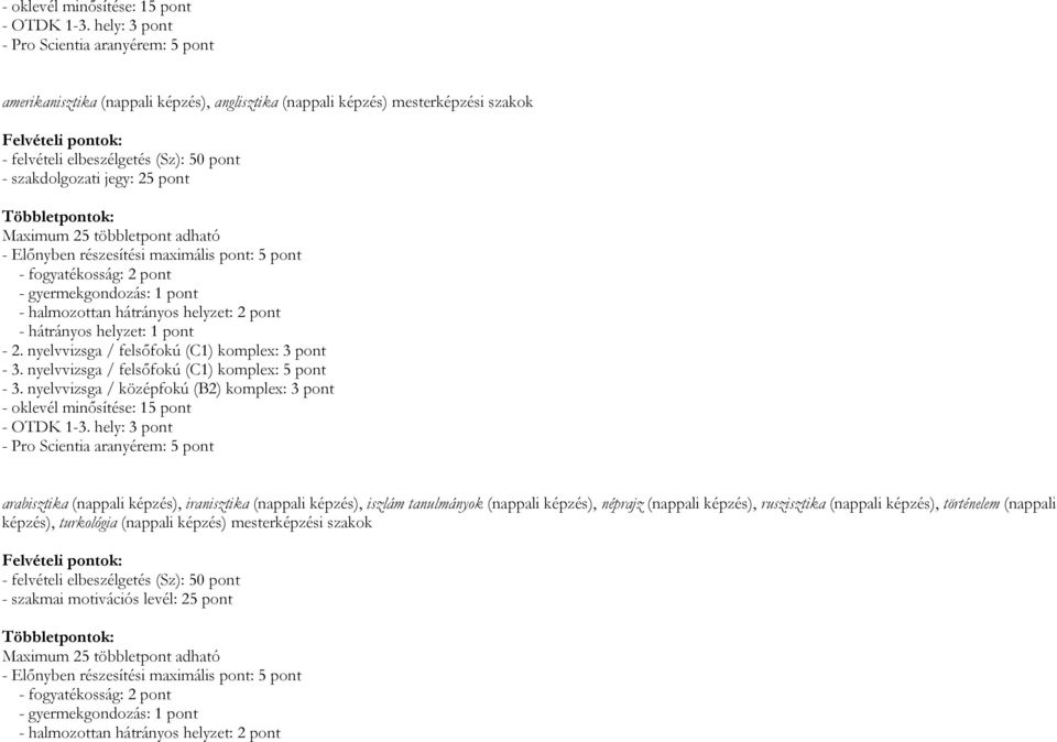 szakdolgozati jegy: 25 pont Többletpontok: Maximum 25 többletpont adható - Előnyben részesítési maximális pont: 5 pont - fogyatékosság: 2 pont - gyermekgondozás: 1 pont - halmozottan hátrányos
