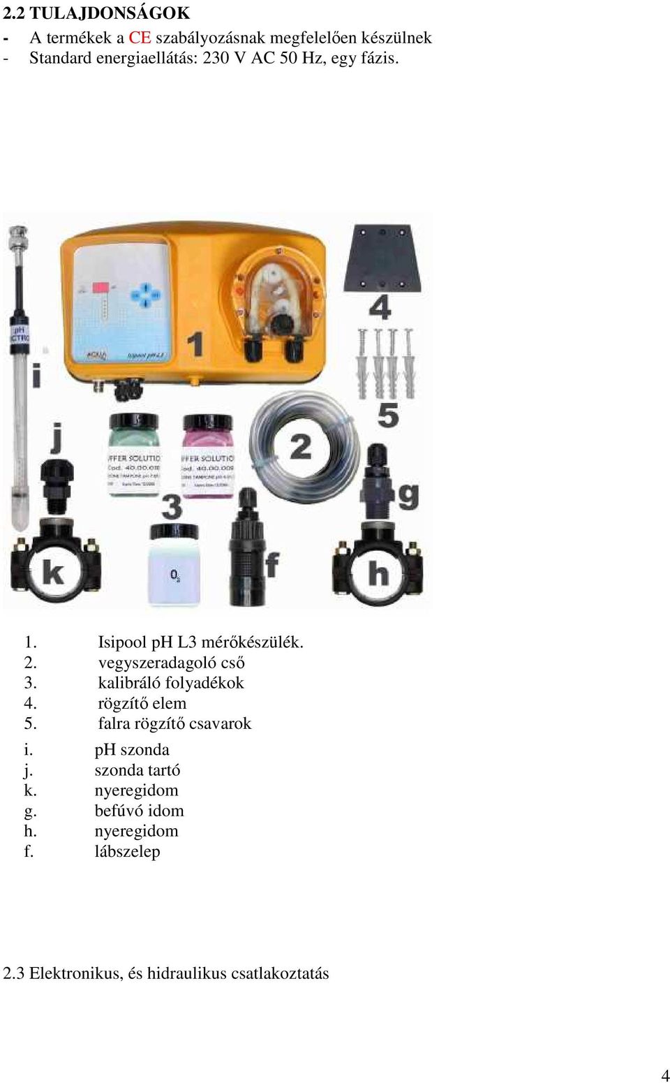 kalibráló folyadékok 4. rögzítő elem 5. falra rögzítő csavarok i. ph szonda j. szonda tartó k.