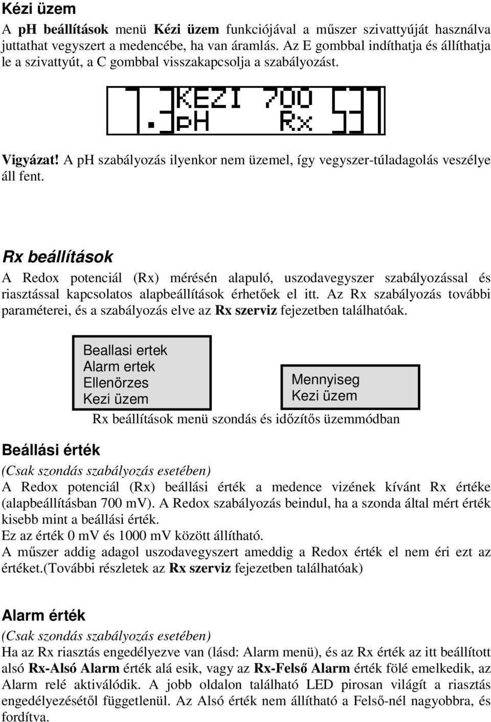 Rx beállítások A Redox potenciál (Rx) mérésén alapuló, uszodavegyszer szabályozással és riasztással kapcsolatos alapbeállítások érhetőek el itt.