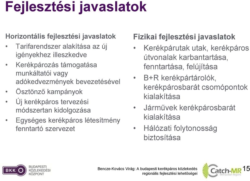 fenntartó szervezet Fizikai fejlesztési javaslatok Kerékpárutak utak, kerékpáros útvonalak karbantartása, fenntartása, felújítása B+R