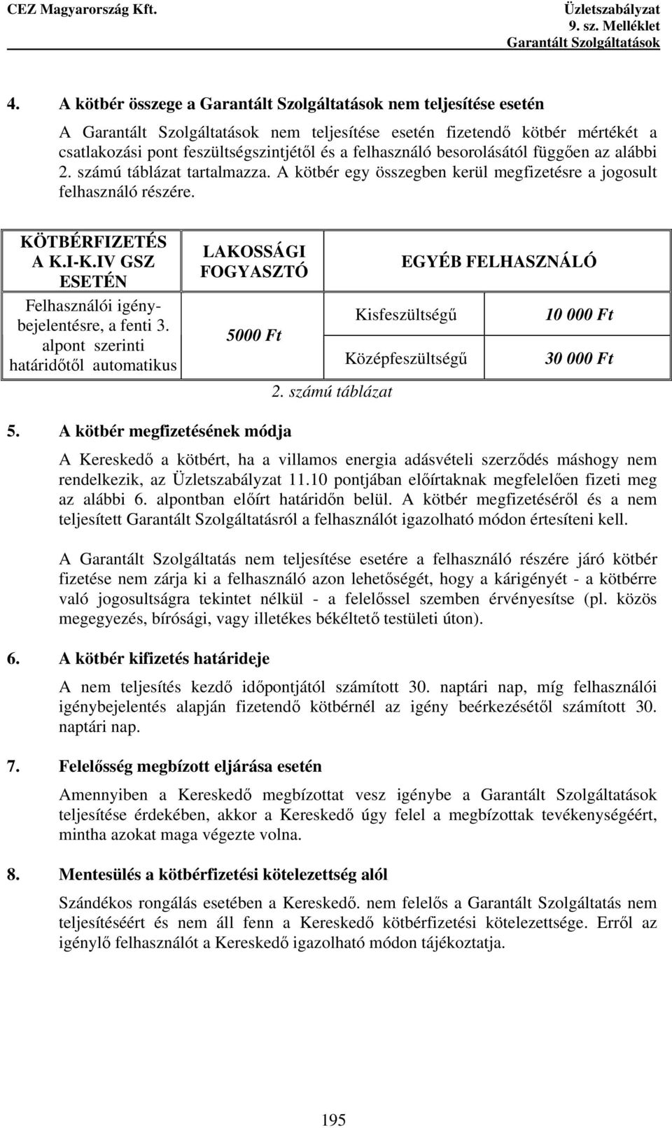 alpont szerinti határidıtıl automatikus LAKOSSÁGI FOGYASZTÓ 5000 Ft 2. számú táblázat EGYÉB FELHASZNÁLÓ Kisfeszültségő Középfeszültségő 10 000 Ft 30 000 Ft 5.