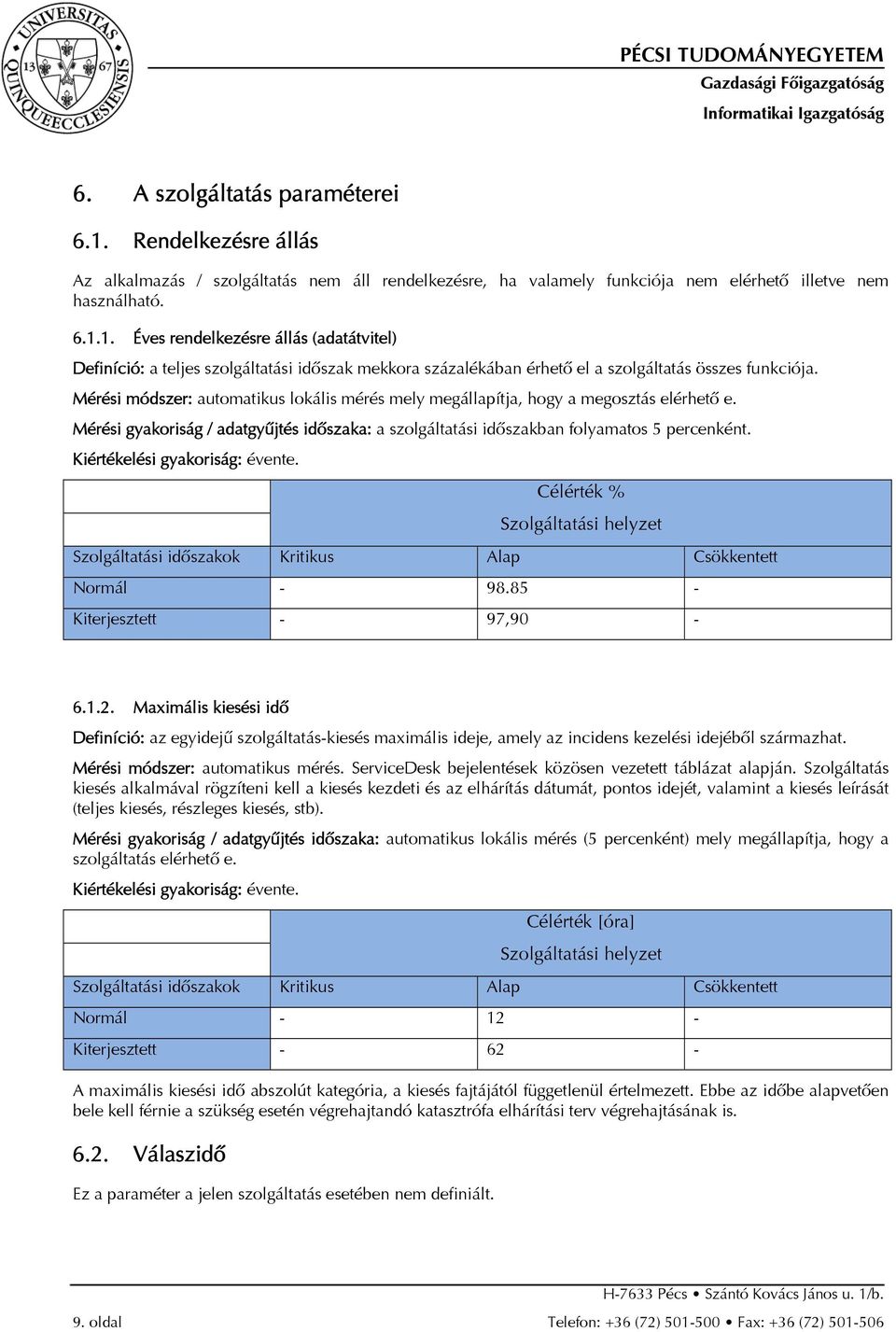 Kiértékelési gyakoriság: évente. Célérték % Szolgáltatási helyzet Szolgáltatási idõszakok Kritikus Alap Csökkentett Normál - 98.85 - Kiterjesztett - 97,90-6.1.2.