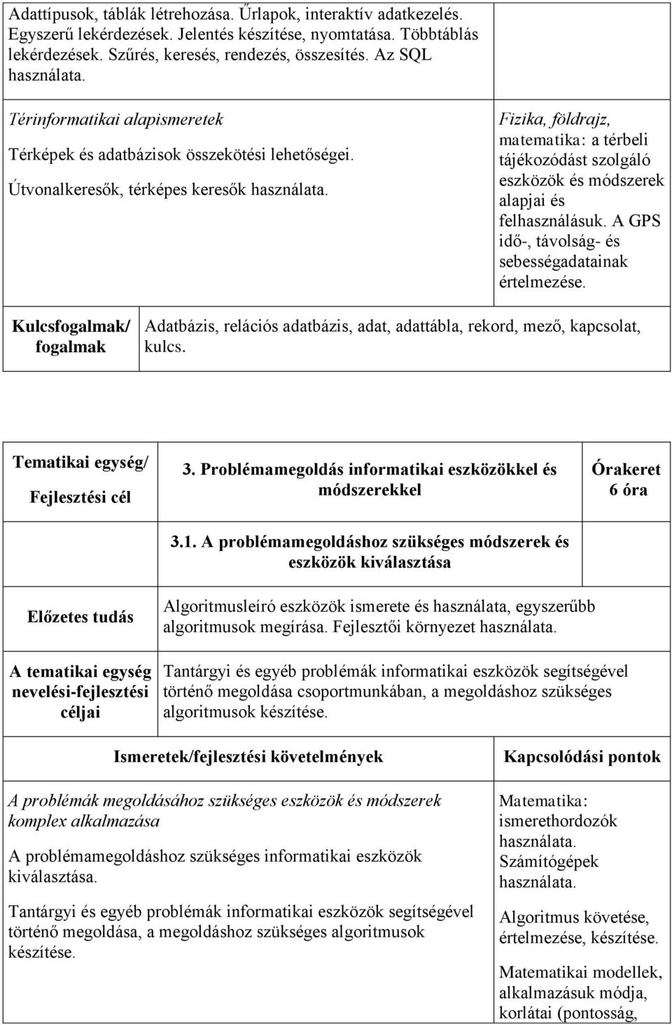 Fizika, földrajz, matematika: a térbeli tájékozódást szolgáló eszközök és módszerek alapjai és felhasználásuk. A GPS idő-, távolság- és sebességadatainak értelmezése.