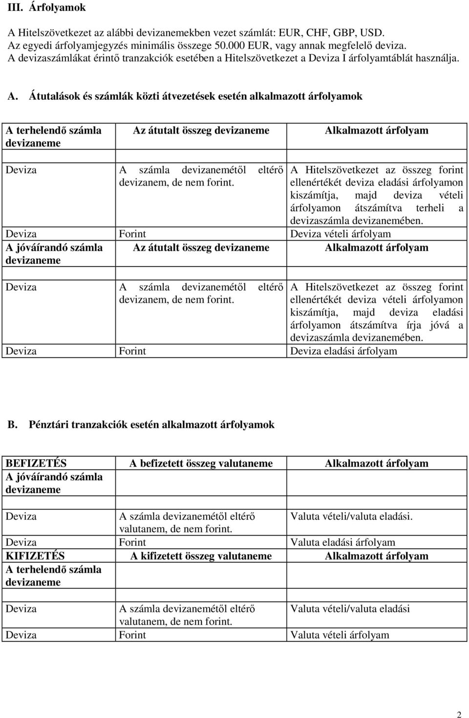 Átutalások és számlák közti átvezetések esetén alkalmazott árfolyamok A terhelendő számla devizaneme Az átutalt összeg devizaneme Alkalmazott árfolyam Deviza A számla devizanemétől eltérő devizanem,