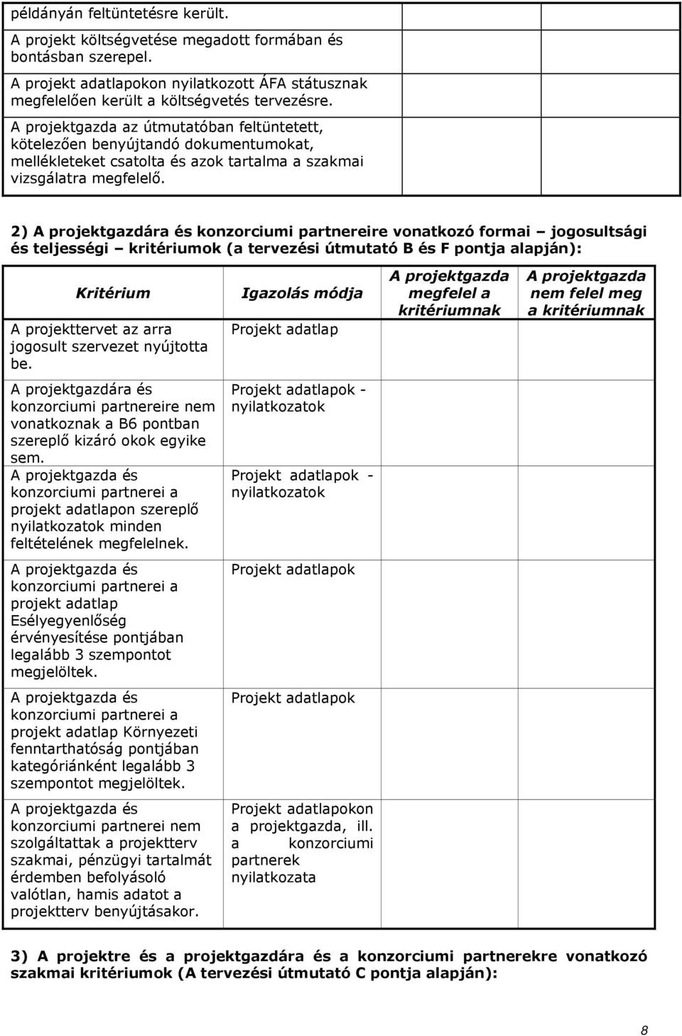 2) A projektgazdára és konzorciumi partnereire vonatkozó formai jogosultsági és teljességi kritériumok (a tervezési útmutató B és F pontja alapján): Kritérium A projekttervet az arra jogosult