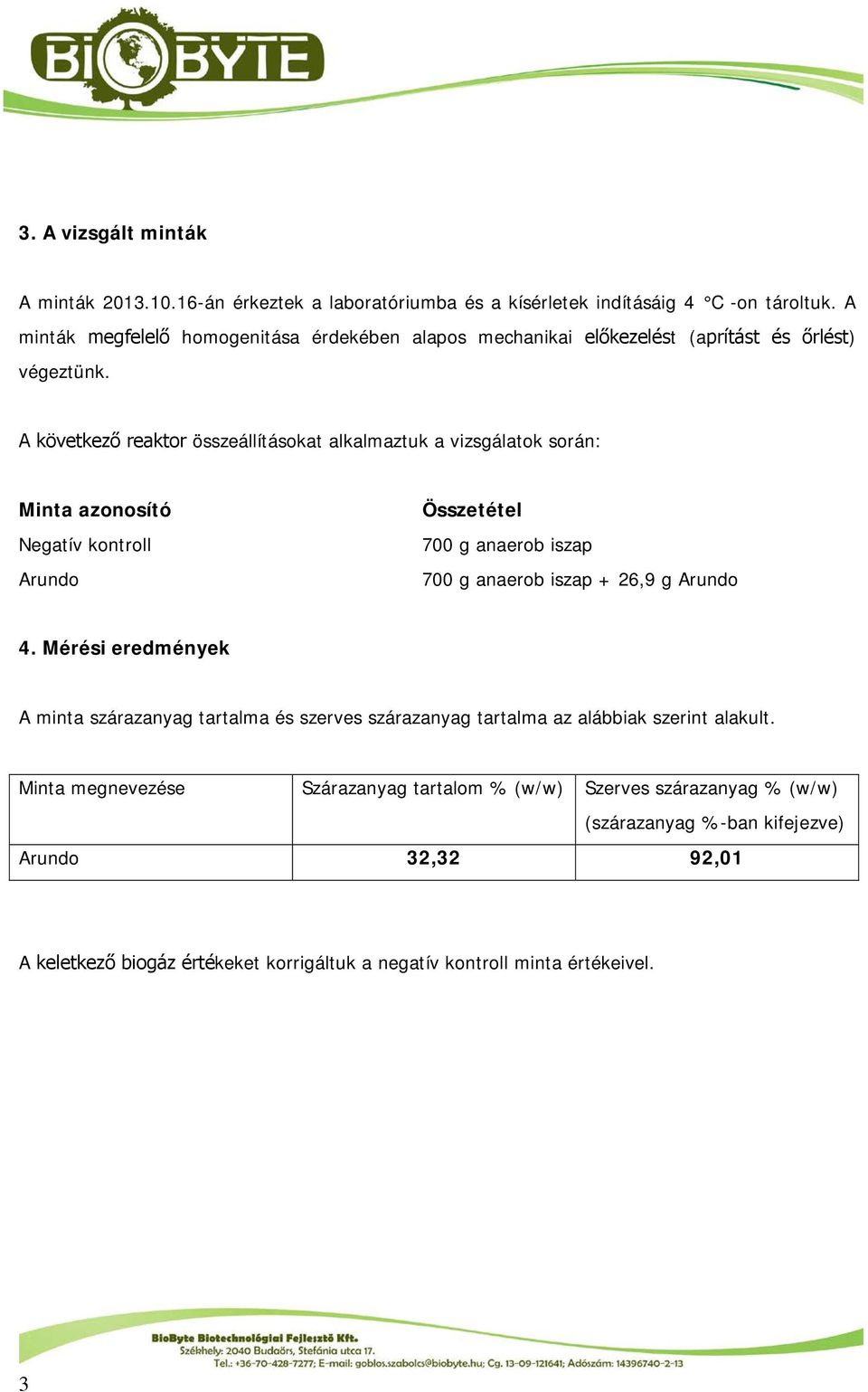 A következő reaktor összeállításokat alkalmaztuk a vizsgálatok során: Minta azonosító Negatív kontroll Arundo Összetétel 700 g anaerob iszap 700 g anaerob iszap + 26,9 g Arundo