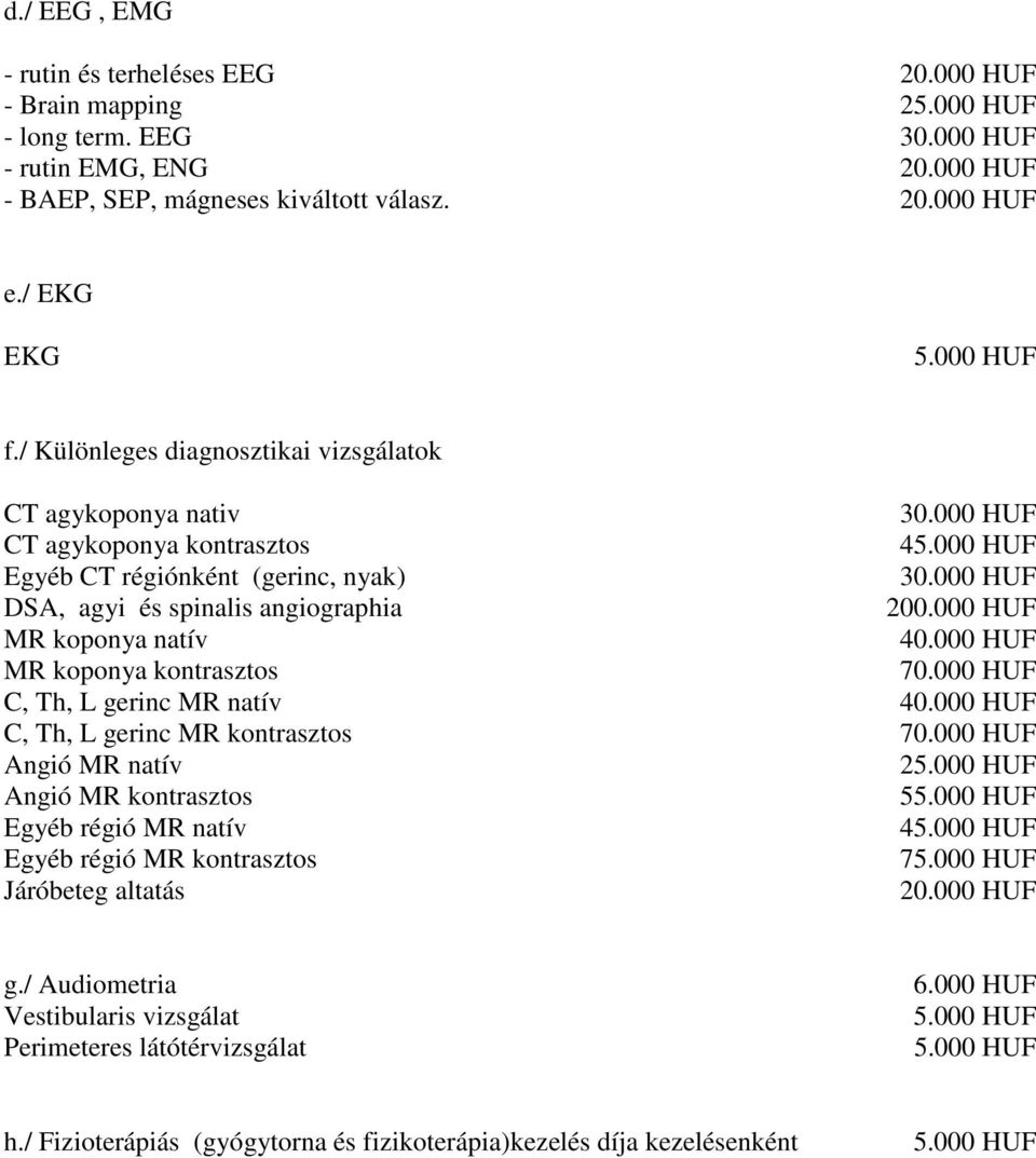 000 HUF MR koponya natív 40.000 HUF MR koponya kontrasztos 70.000 HUF C, Th, L gerinc MR natív 40.000 HUF C, Th, L gerinc MR kontrasztos 70.