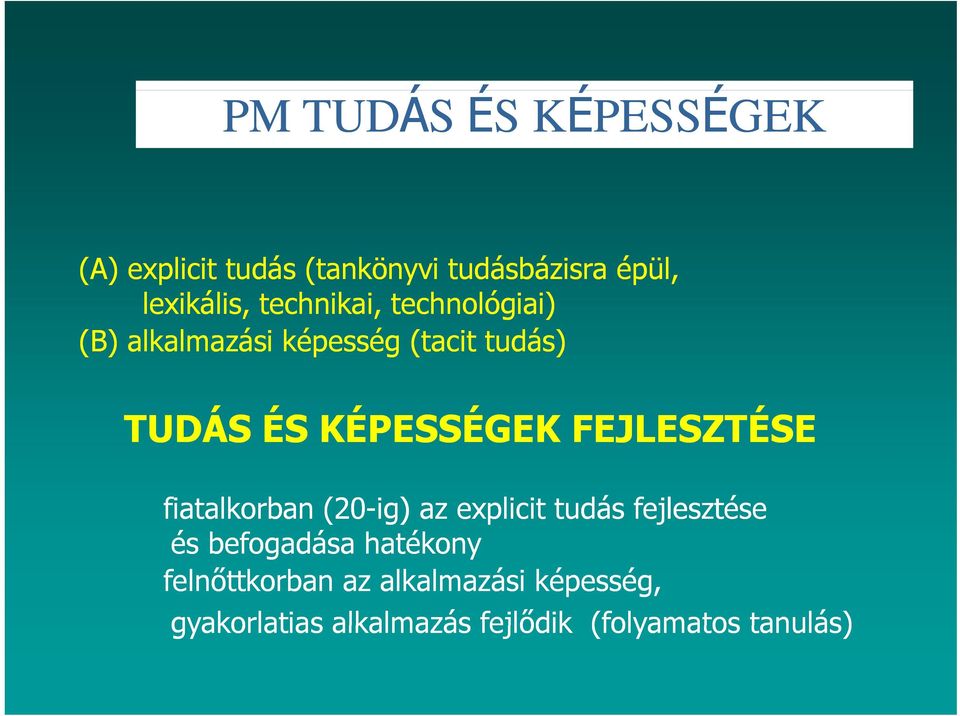 KÉPESSÉGEK FEJLESZTÉSE fiatalkorban (20-ig) az explicit tudás fejlesztése és befogadása