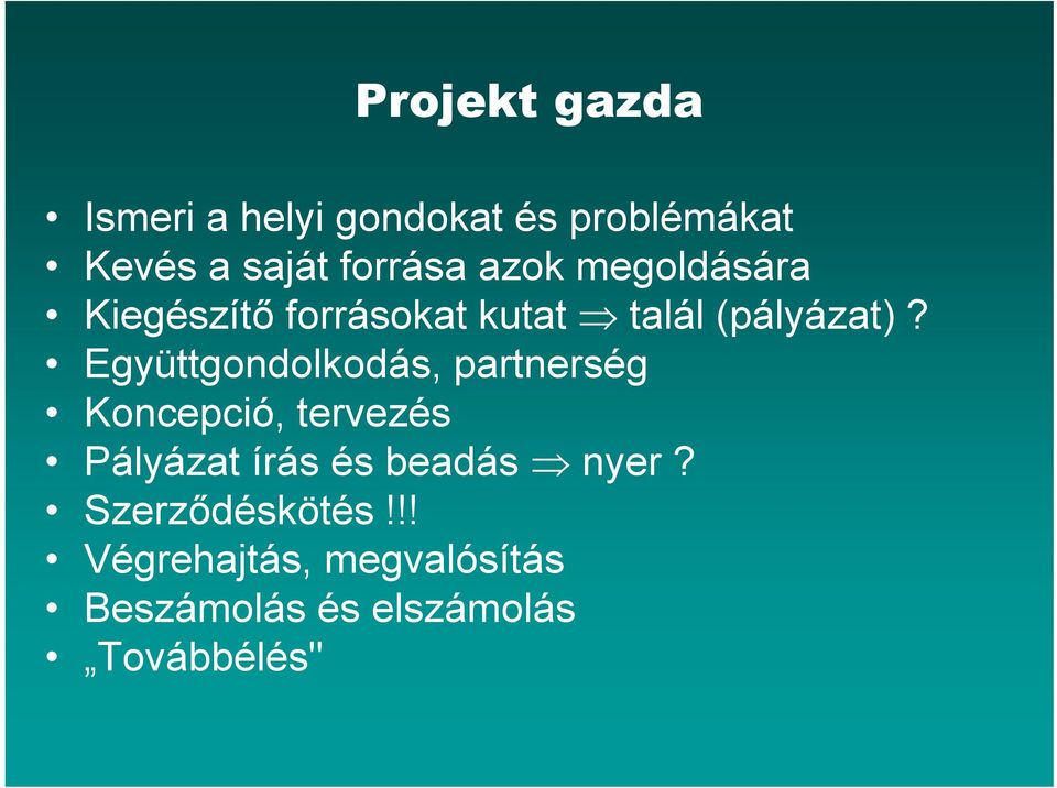 Együttgondolkodás, partnerség Koncepció, tervezés Pályázat írás és beadás