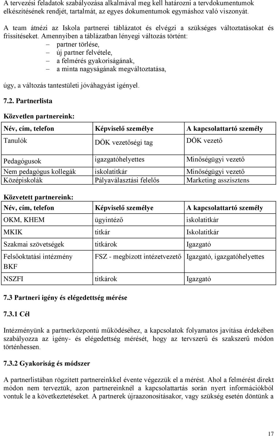 Amennyiben a táblázatban lényegi változás történt: partner törlése, új partner felvétele, a felmérés gyakoriságának, a minta nagyságának megváltoztatása, úgy, a változás tantestületi jóváhagyást