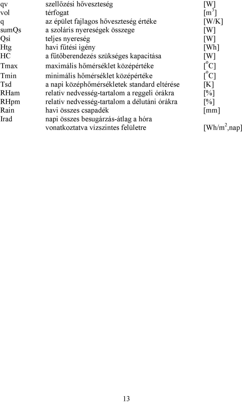 hőmérséklet középértéke [ o C] Tsd a napi középhőmérsékletek standard eltérése [K] RHam relatív nedvesség-tartalom a reggeli órákra [%] RHpm relatív