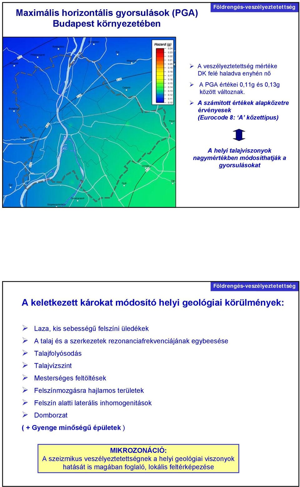 A számított értékek alapkőzetre érvényesek (Eurocode 8: A kőzettípus) A helyi talajviszonyok nagymértékben módosíthatják a gyorsulásokat Földrengés-veszélyeztetettség Mikrozonáció A keletkezett