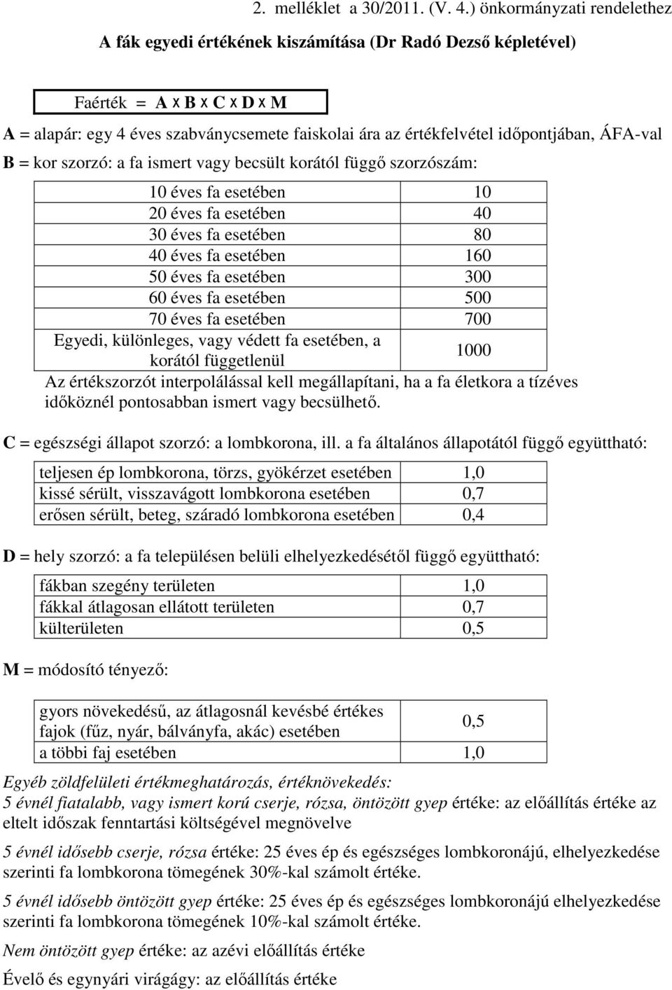 idıpontjában, ÁFA-val B = kor szorzó: a fa ismert vagy becsült korától függı szorzószám: 10 éves fa esetében 10 20 éves fa esetében 40 30 éves fa esetében 80 40 éves fa esetében 160 50 éves fa