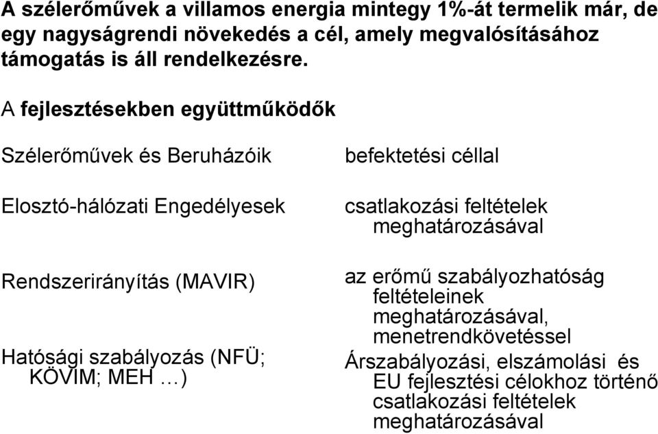 A fejlesztésekben együttműködők Szélerőművek és Beruházóik Elosztó-hálózati Engedélyesek Rendszerirányítás (MAVIR) Hatósági szabályozás