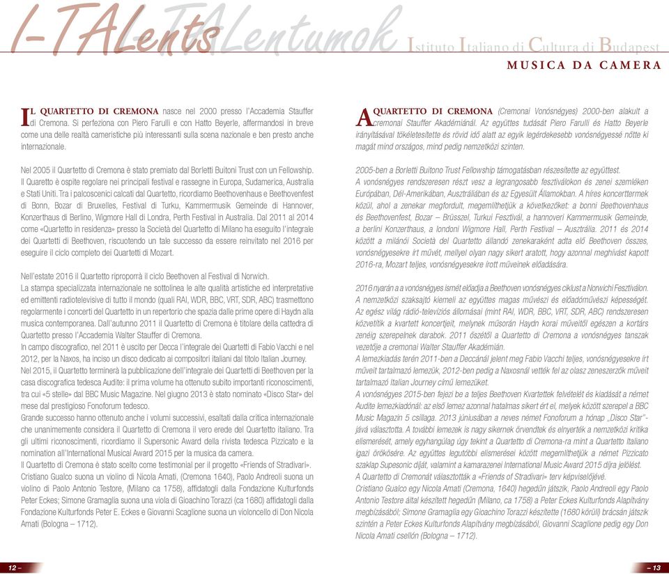 Nel 2005 il Quartetto di Cremona è stato premiato dal Borletti Buitoni Trust con un Fellowship.