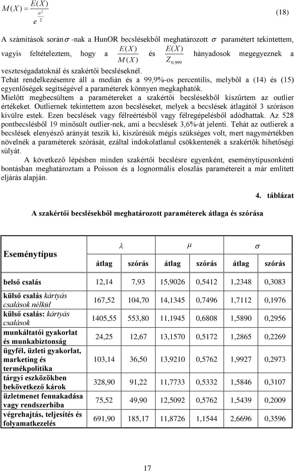 Mielõtt megbecsültem a paramétereket a szakértõi becslésekbõl kiszûrtem az outlier értékeket. Outliernek tekintettem azon becsléseket, melyek a becslések átlagától 3 szóráson kívülre estek.