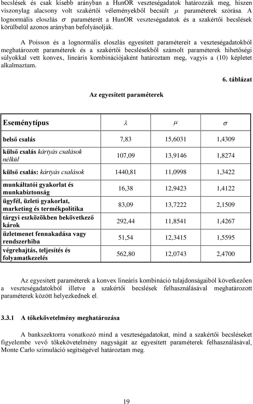 A Poisson és a lognormális eloszlás egyesített paramétereit a veszteségadatokból meghatározott paraméterek és a szakértõi becslésekbõl számolt paraméterek hihetõségi súlyokkal vett konvex, lineáris