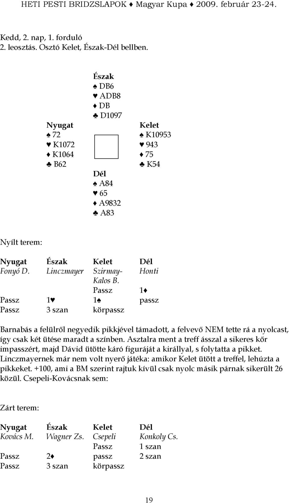 Asztalra ment a treff ásszal a sikeres kır impasszért, majd Dávid ütötte káró figuráját a királlyal, s folytatta a pikket.