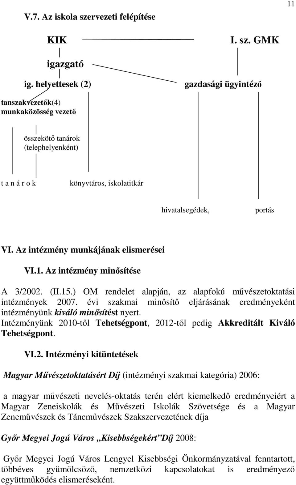 Az intézmény munkájának elismerései VI.1. Az intézmény minősítése A 3/2002. (II.15.) OM rendelet alapján, az alapfokú művészetoktatási intézmények 2007.