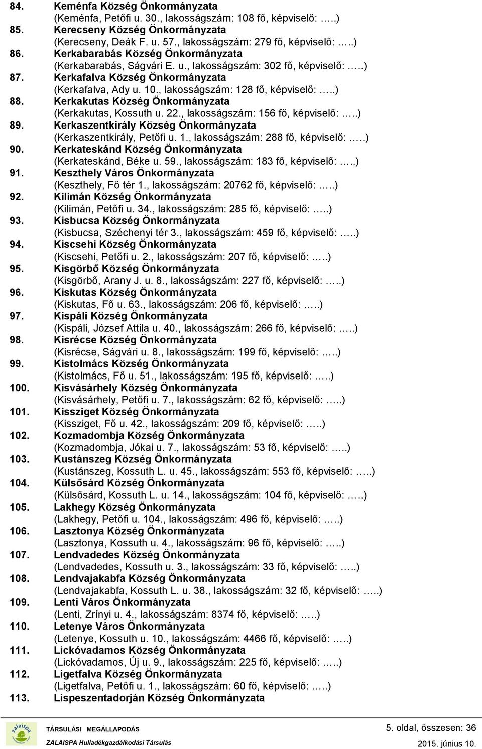 Kerkakutas Község Önkormányzata (Kerkakutas, Kossuth u. 22., lakosságszám: 156 fő, képviselő:..) 89. Kerkaszentkirály Község Önkormányzata (Kerkaszentkirály, Petőfi u. 1., lakosságszám: 288 fő, képviselő:.