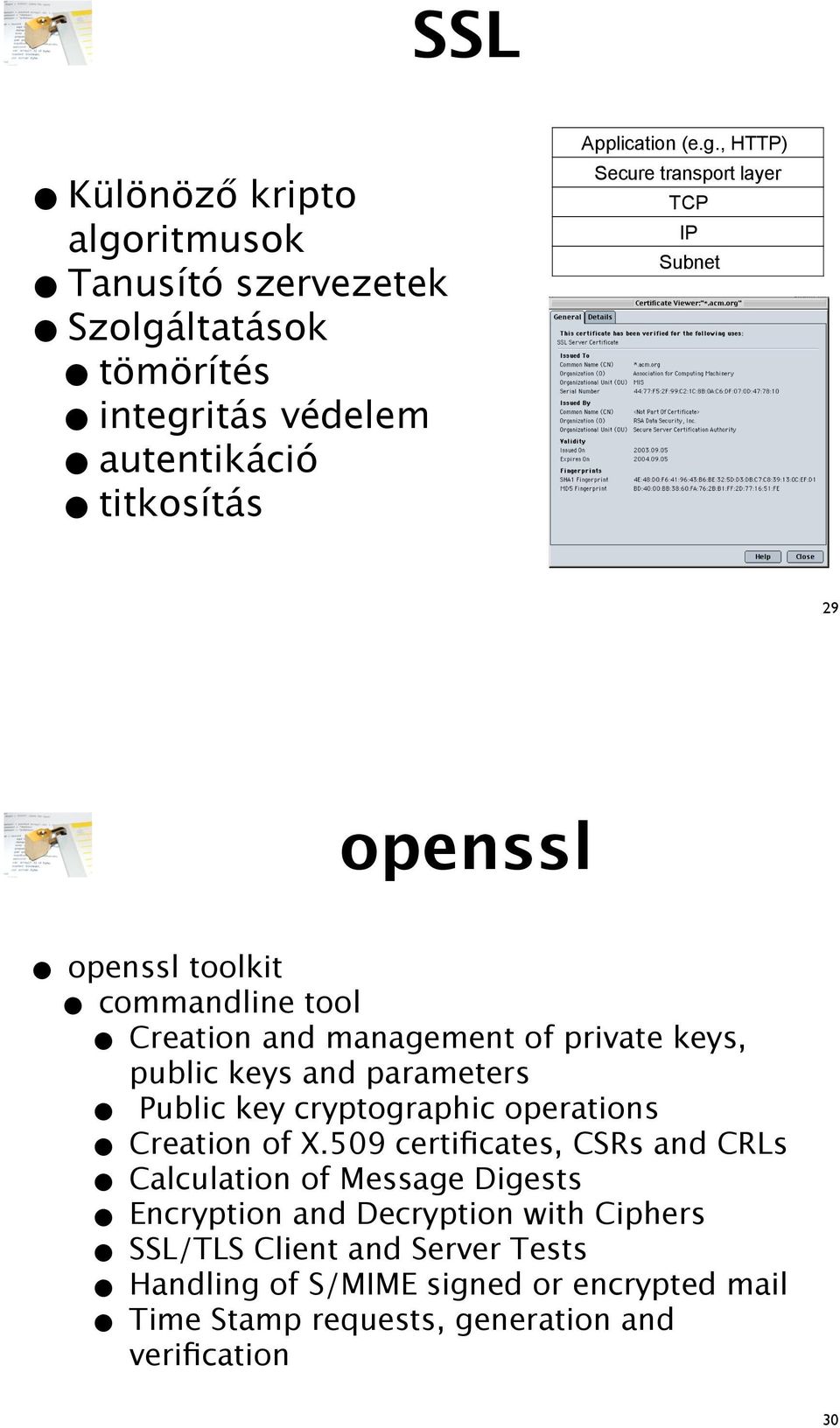 Subnet 29 openssl openssl toolkit commandline tool Creation and management of private keys, public keys and parameters Public key cryptographic