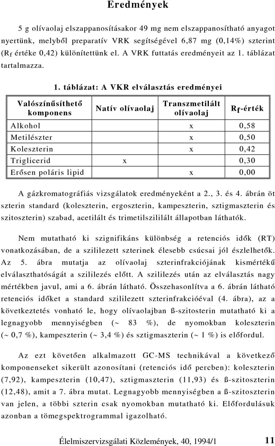 táblázat: A VKR elválasztás eredményei Natív olívaolaj Transzmetilált olívaolaj Rf-érték Alkohol x 0,58 Metilészter x 0,50 Koleszterin x 0,42 Triglicerid x 0,30 Erõsen poláris lipid x 0,00 A