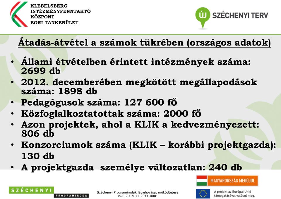 2000 fő Azon projektek, ahol a KLIK a kedvezményezett: 806 db Konzorciumok száma (KLIK korábbi projektgazda): 130